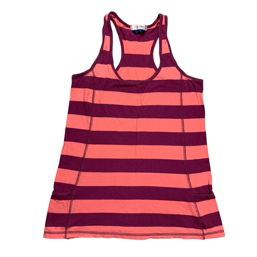 Women’s Juniors Tank Top Pink Striped Racer Back Anchor Blue Size Small